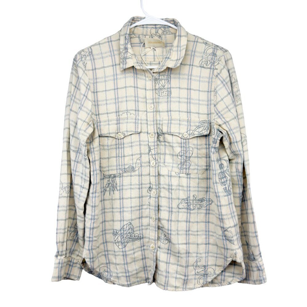 ZADIG & VOLTAIRE Cartoon Sketch Details Cream Plaid Shirt Blue Pink Metallic M